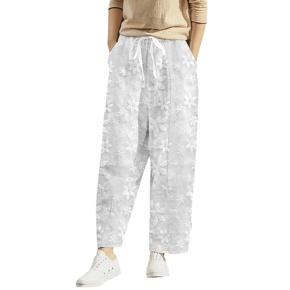 Flowers Lace Embroidery Pants Casual Loose Cotton Trousers Elastic Waist Size L